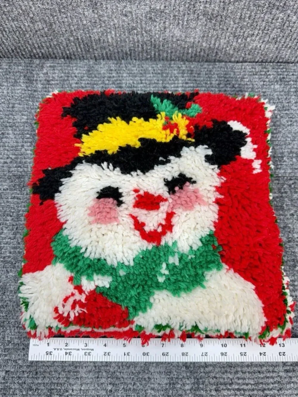 Vintage Snowman Latch Hook Throw Pillow Red Christmas 13” x 13” Square Handmade
